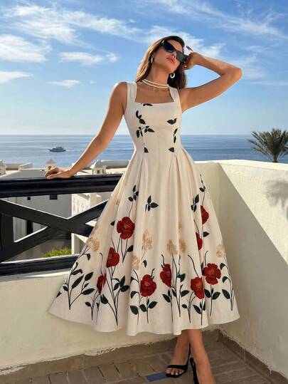 Modelyn Women's Spring/Summer Woven Placement Digital Print Sleeveless Tie-Waist A-Line Midi Dress, Elegant & Romantic