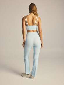 Aralina Bộ quần legging ống rộng 2 trong 1 họa tiết kẻ caro - Xanh và trắng - Xem 2
