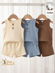 SHEIN Vintaside Kids 6件組 嬰幼兒男童夏季套裝 無袖背心上衣 & 短褲 純棉針織 寬鬆版型 米色 休閒 親子度假穿搭服 - 彩色 - 查看 1