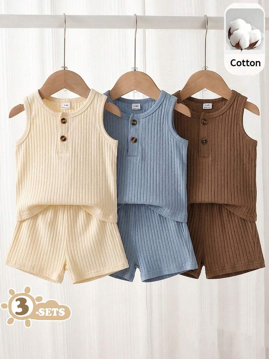 SHEIN Vintaside Kids 6件組 嬰幼兒男童夏季套裝 無袖背心上衣 & 短褲 純棉針織 寬鬆版型 米色 休閒 親子度假穿搭服 - 彩色 - 查看 1