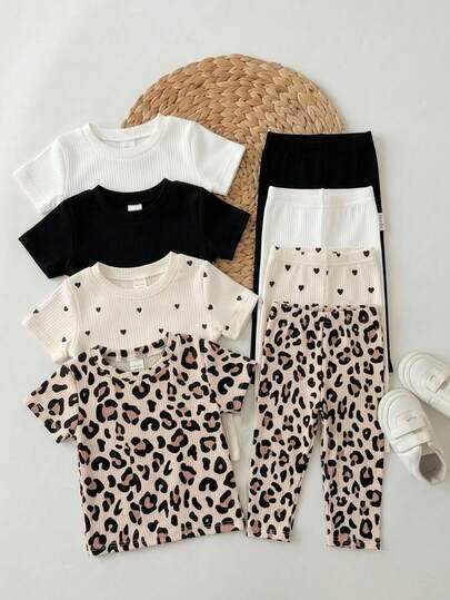 SHEIN Bộ 4 quần legging mùa hè cho bé gái, họa tiết da báo, chấm bi và trái tim, chất liệu mềm mại, co giãn, thích hợp cho kỳ nghỉ, đi biển, tiệc tùng. Quần áo trẻ em in họa tiết da báo, quần legging họa tiết da báo đốm, quần legging dễ thương cho bé gái.
