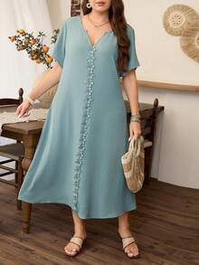 Lacomfia Casual Solid Color Ruffle Trim Notch Neck Loose Fit Regular Spring/Summer Plus Size Dress - Cadet Blue - View 5