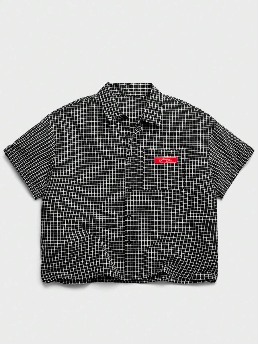 EASEVO Kemeja Lengan Pendek Korduroi Patchwork Pria, Musim Semi/Panas, Liburan, Hadiah Hari Ayah - Hitam - View 1