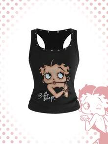 Betty Boop | ROMWE Top ajustado de tirantes con remaches metálicos de estilo Y2K sexy - Negro - Ver 2