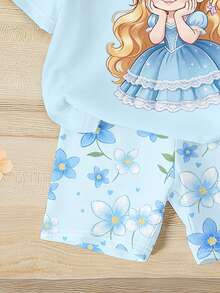 Elladie kids 一套女童休闲甜美可爱卡通公主夏季套装，蓝色卡通皇冠公主印花T恤搭配蓝色碎花短裤，公主风宽松圆领短袖T恤和短裤，适合春夏日常、度假、节日穿着，清新舒适。 - 彩色 - 查看 6