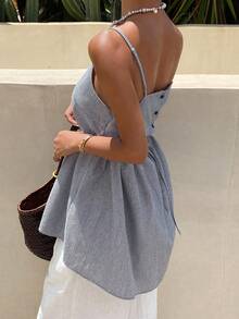 Livesso Áo camisole nữ kẻ sọc, hở lưng, cài nút, kiểu dáng thường ngày. - Xám - Xem 3