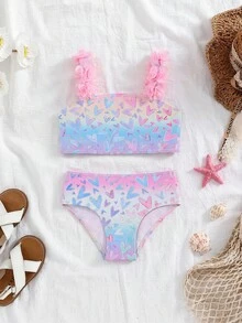 SHEIN 2件/組少女可愛彩色愛心印花泳衣 - 彩色 - 查看 3