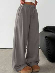SHEIN Teen Girl Loose Fit Drawstring Pocket Wide Leg Sweatpants In Dark Grey - Dark Grey - View 2