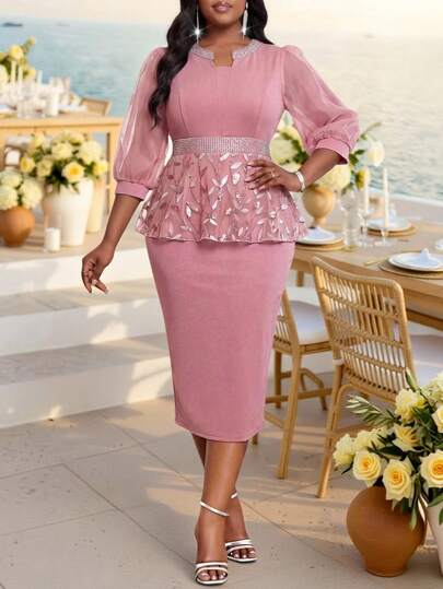 Fleurora Plus Size Women Patchwork Sequin Embroidery Mesh Lantern Sleeve Elegant Dress