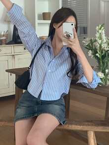 DAZY Women's Fitted Short Striped Long Sleeve Shirt, Blue, Spring/Autumn,Fall Women Clothes Crop Women Tops - Blue - View 4