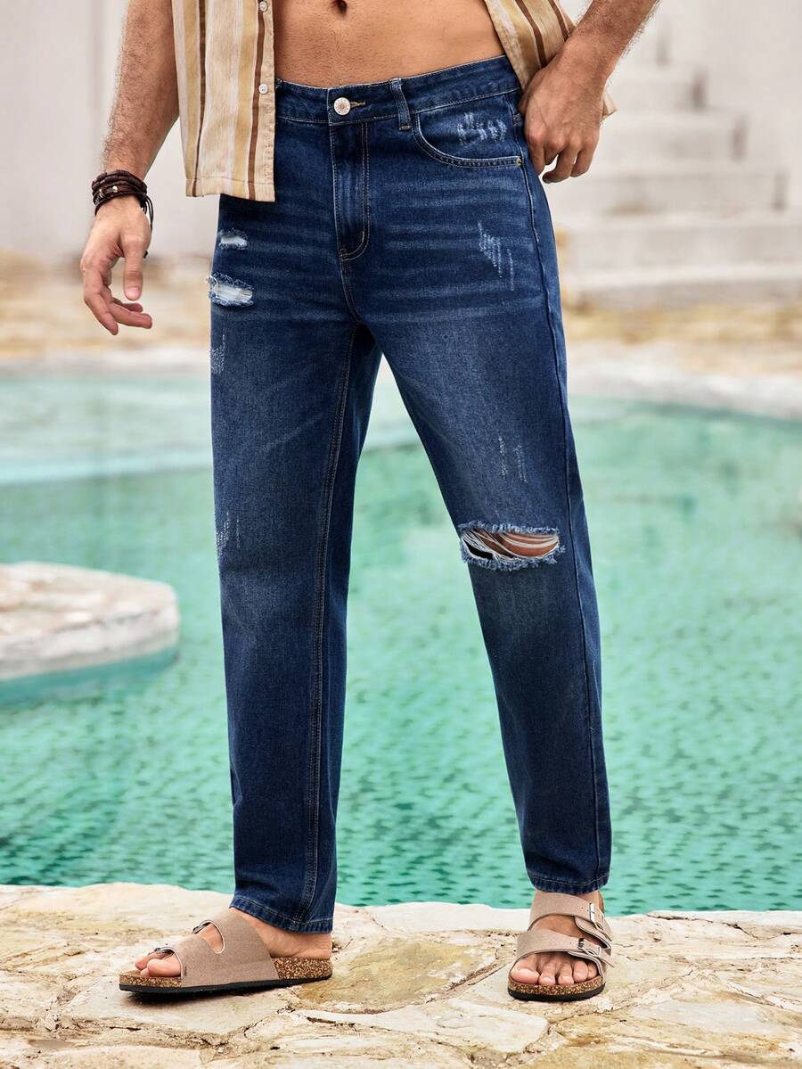 Mercer Haus Men Ripped Straight Leg Jeans - Dark Wash - View 1