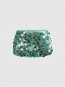 ROMWE Grunge Punk Punk Rock Diva Carnival Outfit, Music Festival, New Year Party Dress, Y2K Halter Sexy Sequin Cross Pendant 2 Pieces Set For Women - Green - View 5