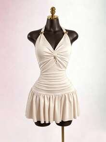 SHEIN SaltGleam Đầm nữ mùa hè mới, kiểu dáng tối giản, đa năng, phù hợp cho đi biển, tắm nắng và các dịp khác, phong cách đường phố thanh lịch. - Màu be - Xem 3