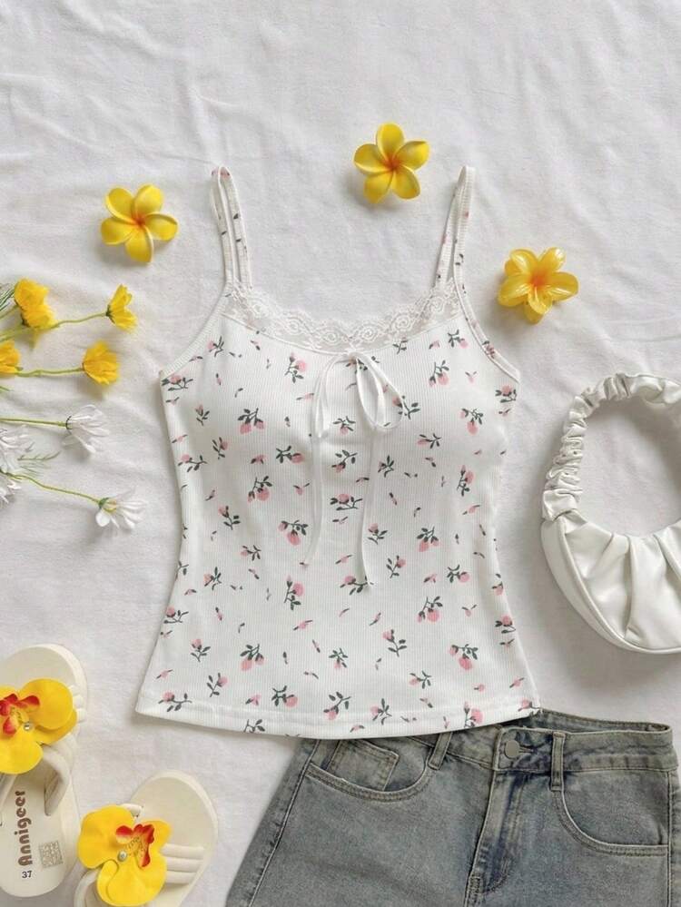Women's Floral Lace Patchwork Bow Decor Camisole Top Summer