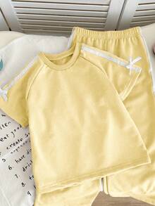 Genkimix Kids 2pcs Genkimix Girls Bow Decor Casual Short Sleeve T-Shirt + Bow Decor Casual Straight Pants Set - Yellow - View 6