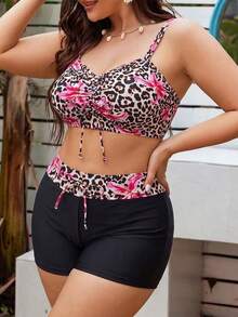 Swim Vcay 大尺碼女款夏季豹紋與花卉印花分體式比基尼泳衣套裝，度假風方領抽繩設計，適合海灘、泳池派對 - 彩色 - 查看 5