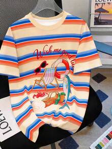 Manfinity Dauomo Men's Loose Fit Short Sleeve T-Shirt, Striped & Ocean Life Graphic Print, Casual Beach Vacation Style, Versatile Daily Wear - Multicolor - View 3