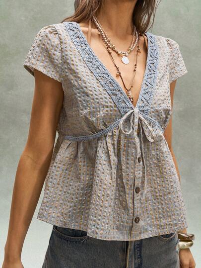 Bohemela Casual Woven Colorful Plaid Patchwork Ruffle Trim Fitted Women Shirt