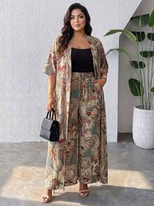 SHEIN Lady CURVE Ensemble 2 pièces vintage ample et élégant, grande taille, pour l'été - Multicolore - Voir 7