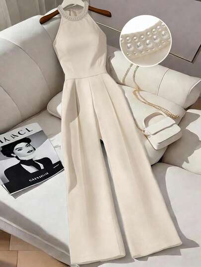 Franclia Bộ jumpsuit màu trơn thanh lịch và thời trang với chi tiết đính ngọc trai, kiểu dáng buộc dây cổ, dành cho nữ.