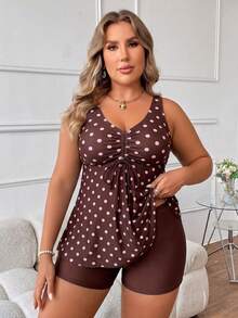 SHEIN Swim Curve 2026 Spring New Plus Size Women's Fashion Printed Round Neck Tankini Swimwear Set With Shorts - Coffee Brown - View 4