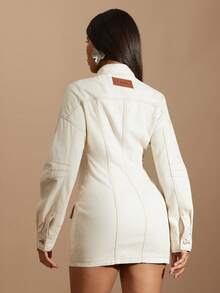 Denimoi Đầm sơ mi denim, đầm denim ngắn, đầm denim thời trang, đầm denim tay phồng, đầm dự tiệc mùa hè. - Màu be - Xem 2