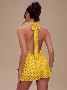 Vestido de tirantes mini con espalda descubierta y estampado de lunares elegante para mujer - amarillo ganso - Ver 2