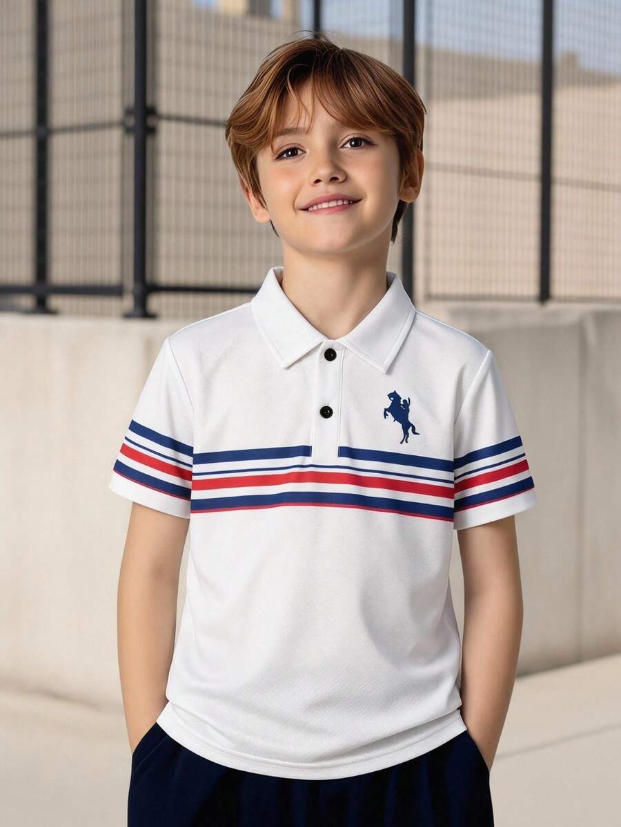 SHEIN Vacaura Tween Boy Knight Striped Print Short Sleeve Polo Shirt, Suitable For Casual & Commute Wear - White - View 1