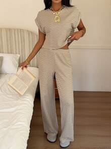SHEIN EZwear 卡其色条纹针织女士家居服套装 - 卡其色 - 查看 6