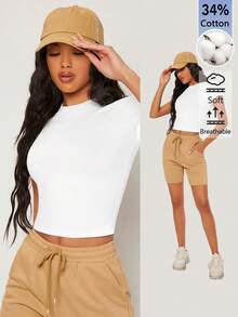 SHEIN BASICS Women's Solid Color Casual Round Neck Short Sleeve Cropped T-Shirt Tops For Women White Tops - White - View 8