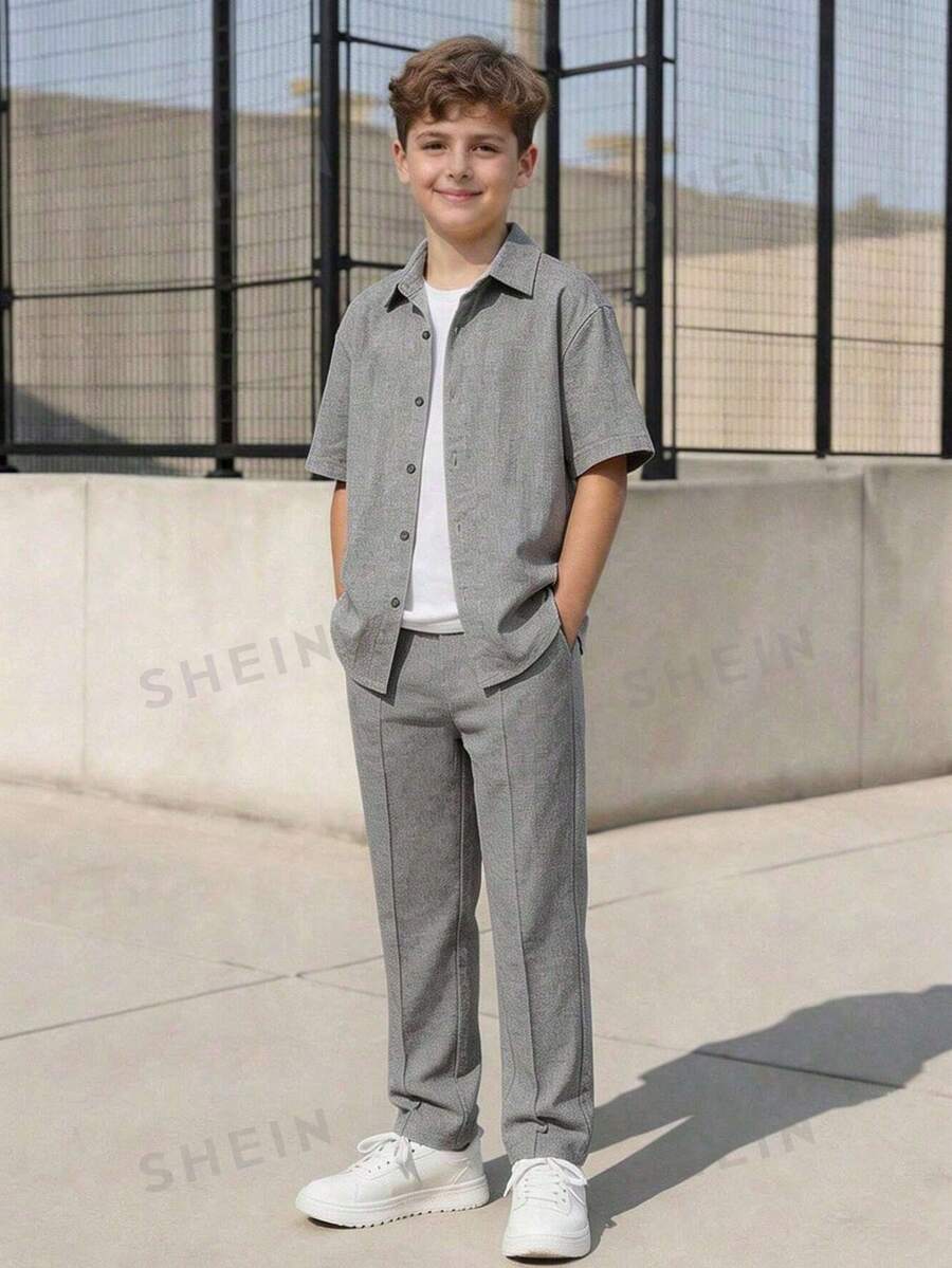 Vacaura 3-Piece Set: Boys' Fashionable Turndown Collar Short Sleeve Shirt + Straight Leg Casual Pants, Suitable For Spring, Summer And Autumn - Grey - View 1