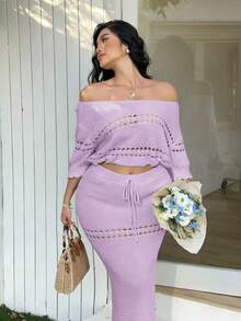 Sunnyshic Plus Size Women's Purple Sommar Smart Casual Vacation Elegant Bohemian Off-Shoulder Hollow-Out Ruffle Knit Top & Drawstring Long Skirt Set - Purple - View 5