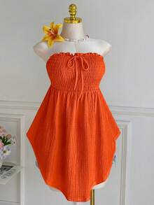 Comfortcana Blusa sin mangas con volantes, dobladillo asimétrico y encaje, con lazo delantero, talla grande, para primavera/verano - Naranja - Ver 4