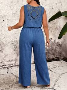 SHEIN Tall CURVE Plus Size Solid Color Round Neck Backless Lace Sleeveless Elastic Waist Jumpsuit With Buttons Vacation Navy Blue Summer Casual Alternative - Blue - View 2