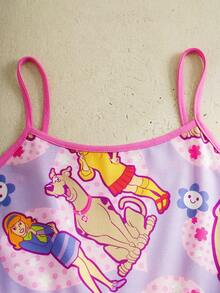SCOOBY-DOO X SHEIN Đầm hai dây in hình hoạt hình toàn thân, thích hợp cho bé gái tuổi teen, kiểu dáng thường ngày đi nghỉ mát và đi làm, mùa hè. - Hồng - Xem 3