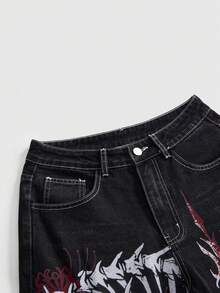 ROMWE Grunge Punk Vintage Distressed Dark Gothic Dragon Skull, Lotus, Thorn Print Wide Leg Jeans - Black - View 3