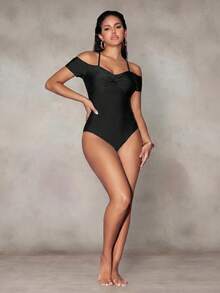 Shapewave Traje de baño de una pieza con hombros descubiertos de unicolor para mujer - Negro - Ver 3