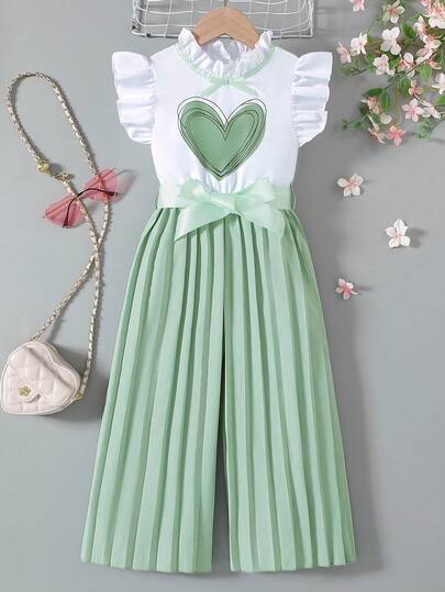 SHEIN Elladie kids Young Girl Summer Fashionable Cap Sleeve Top + Wide Leg Pants