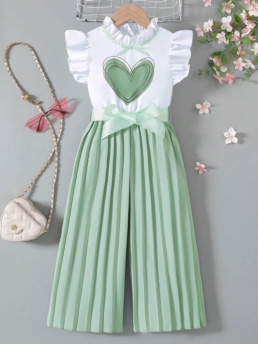 SHEIN Elladie kids Trang phục mùa hè cho bé gái, bộ áo liền quần thời trang sành điệu với họa tiết trái tim, áo tay ngắn và quần ống rộng cạp cao, trang phục thanh lịch cho các hoạt động hàng ngày, đi chơi, đi làm, du lịch và nghỉ lễ. - màu xanh lá - Xem 1