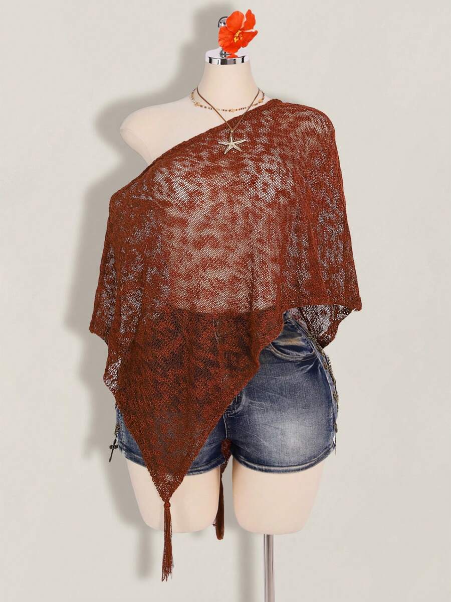 SHEIN ICON 大码女式流苏不对称肩部蝙蝠袖针织上衣 - 酒紅色 - 查看 1