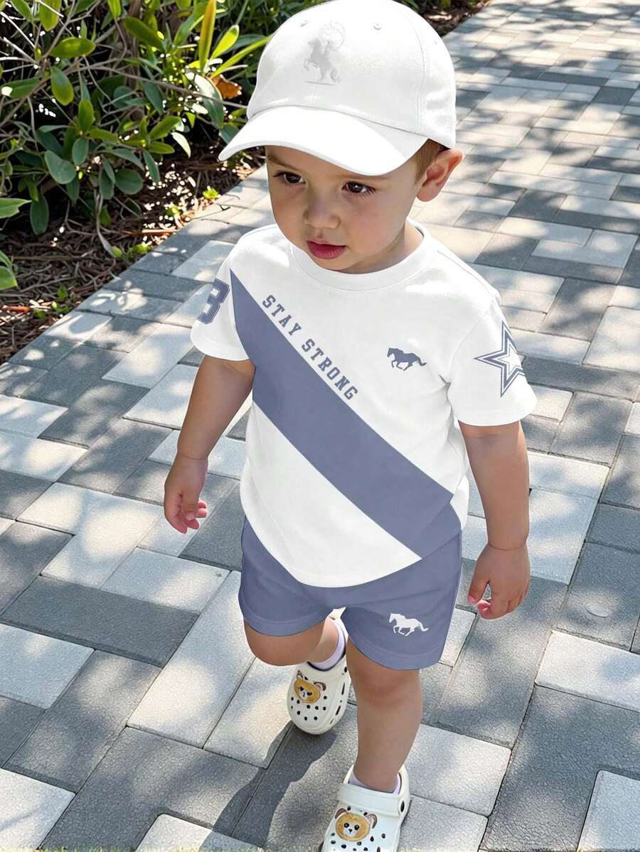 Baby Boy Casual T-Shirt Set,Summer Casual Beach Outfit,Blue White Stripe,Classic Number 23,Pentagram & Horse Print,Stay Strong Text,Campus Style - Multicolor - View 1