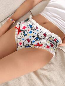 Chillnights HELLO KITTY AND FRIENDS | SHEIN Women Cute Cartoon Print Bow Decor Ruffle Trim Panties - White - View 4