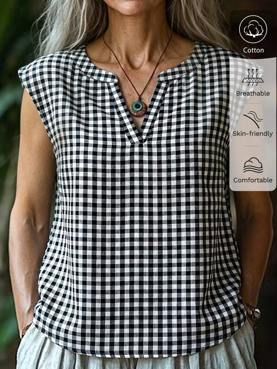 EMERY ROSE Áo sơ mi nữ mùa xuân/hè kẻ caro đen trắng bằng cotton dáng rộng, thời trang thường ngày, thích hợp mặc đi biển, áo sơ mi đi biển thường ngày, họa tiết kẻ caro đen trắng, áo khoác ngoài, áo sơ mi kẻ caro mùa hè, áo mùa xuân/hè. - Đen và trắng - Xem 1