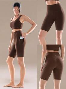 GLOWMODE Celana Pendek Biker FeatherFit™ Flex 10" dengan Kantong Samping, Cocok untuk Yoga, Pilates, dan Aktivitas Harian dengan Dampak Rendah - Coklat - View 7