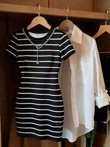 Franclia Women's Striped Round Neck Short Sleeve Casual Mini Dress - Black - View 3