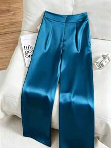 Franclia Quần dài satin thanh lịch dành cho nữ, quần ống rộng bất đối xứng buộc dây cao cấp bóng bẩy, thích hợp cho mùa xuân, hè và đầu thu. - Màu xanh ngọc - Xem 2