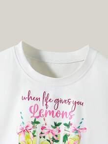 SHEIN Casuvi Kids 女童柠檬印花无袖上衣和花卉蝴蝶结格子短裤两件套，清新舒适的休闲装扮 - 彩色 - 查看 4