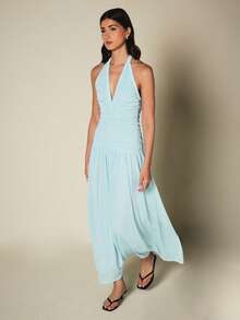 KSTM Ruched Halter Neck Maxi Dress With Deep V-Neckline Open Back And Flowy Pleated Skirt Summer Evening - Blue - View 8