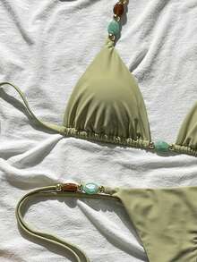 Swim Mod Women's Solid Color Halter Metal Accessories Sexy Bikini Set, Spring/Summer - Yellow - View 4
