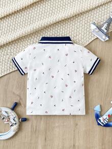 SHEIN 幼儿男童休闲条纹装饰半开襟纽扣领短袖polo衫，适合日常穿着、度假、夏季穿着，3个月-3岁 - 藍白色 - 查看 4